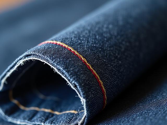 Sustainable denim selvedge detail with minimal waste visible