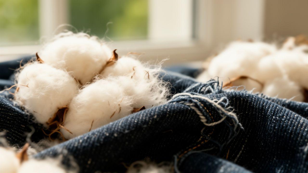 Close-up of high-quality organic cotton textures and sustainable denim fibers